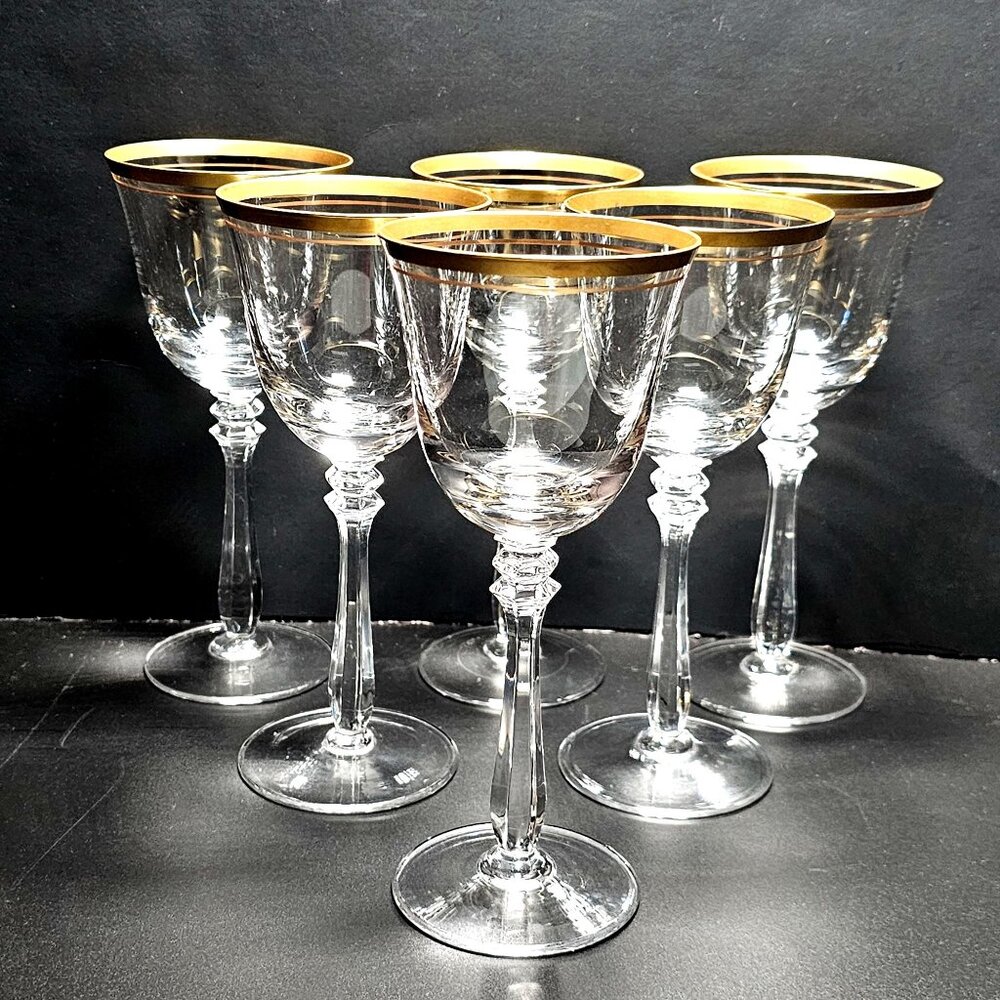 6 Mikasa Empire Gold Trim Wine Glasses  7" lead crystal luxury 90s stemware